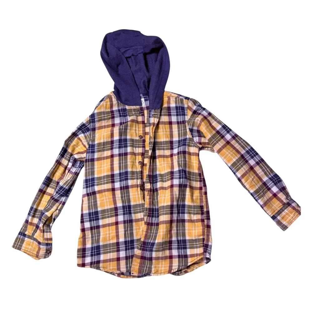 Carters Hooded Boy’s Button Down - Blue and Yellow and Burgundy Size 10